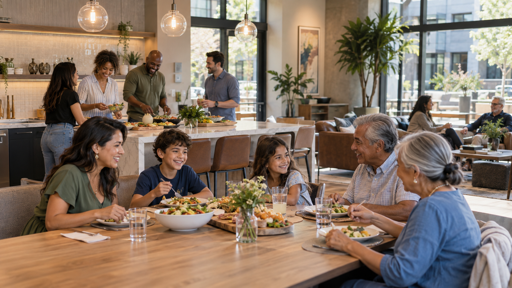 Concept imagery: Residents gathering in a welcoming shared kitchen and community space.