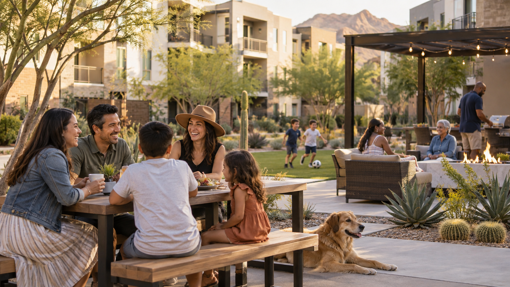 Concept imagery: Neighbors sharing a meal in a landscaped community courtyard.
