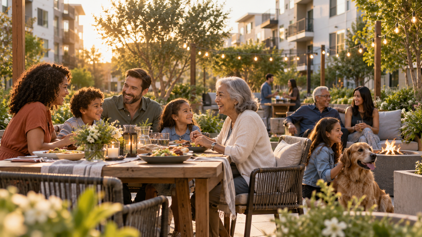 Concept imagery of families and neighbors gathering around an outdoor dining table in a landscaped apartment courtyard at golden hour.