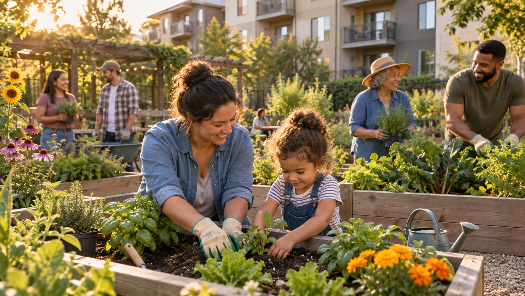 Concept imagery: A parent and child gardening together in a shared community garden while neighbors connect nearby.