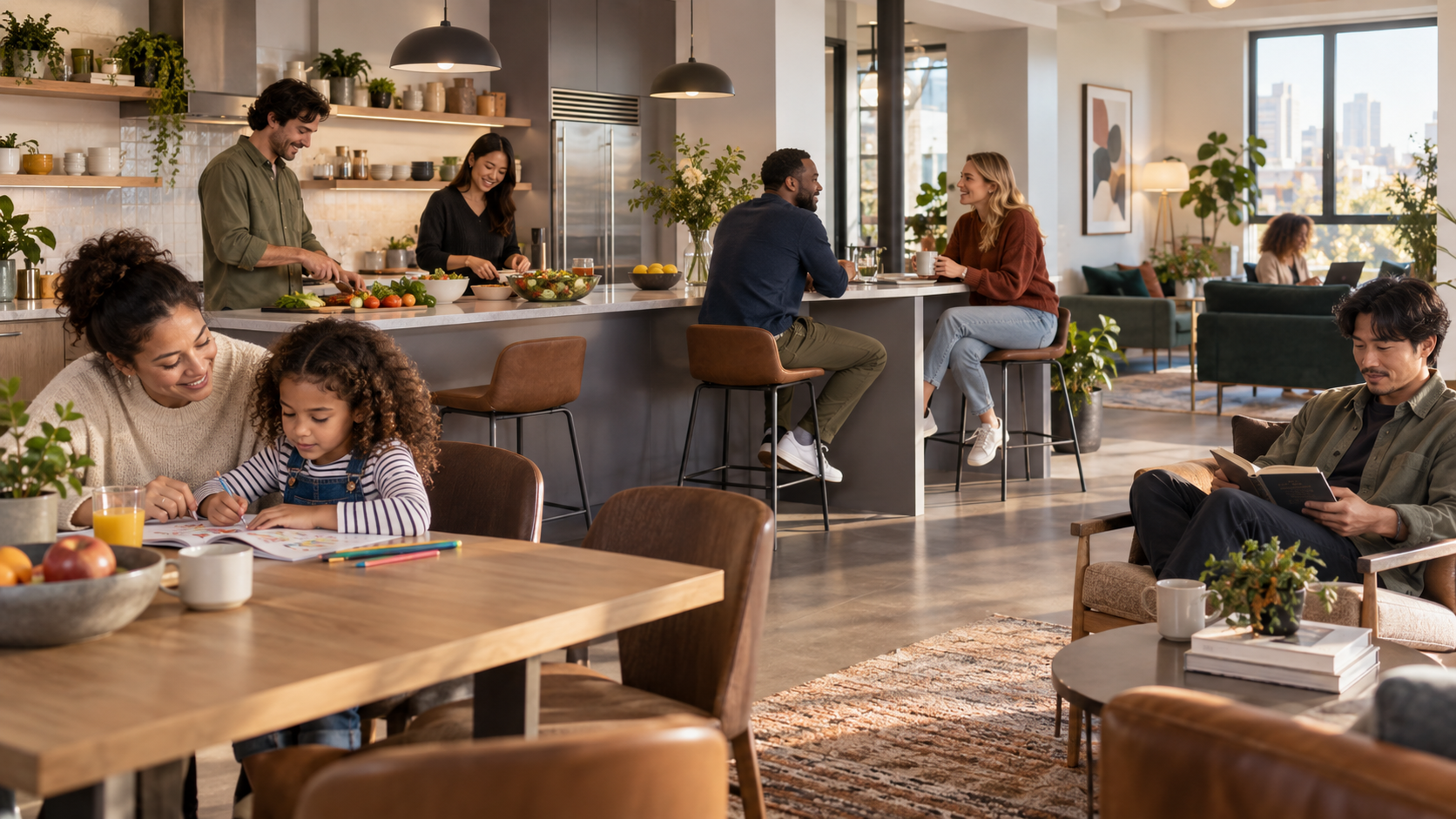 Concept imagery: Residents spending time together in a bright communal kitchen and lounge.