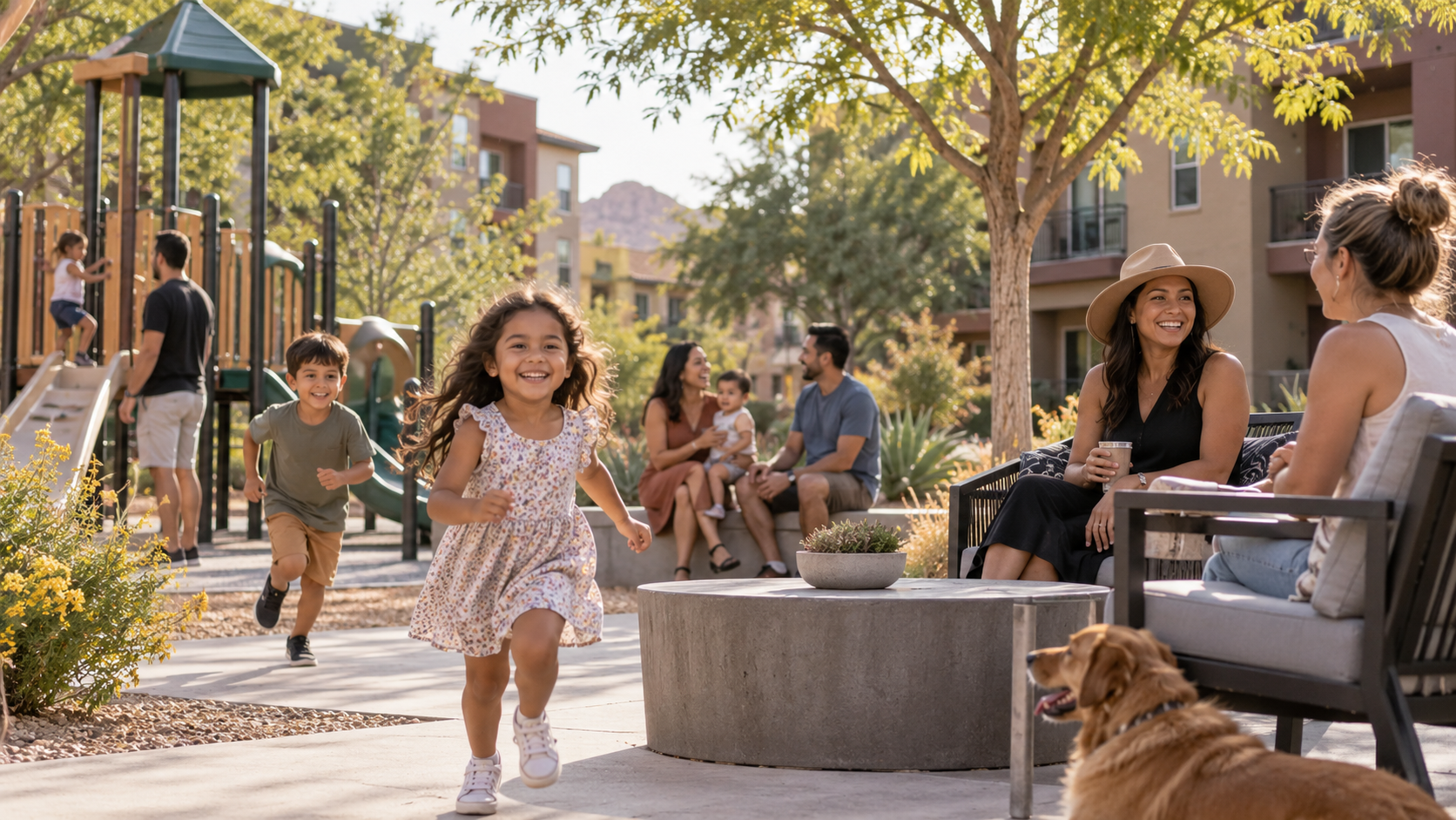 Concept imagery: Families and neighbors spending time in a landscaped residential courtyard with play space.