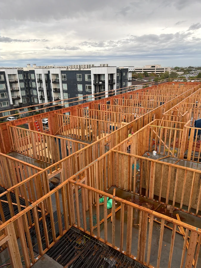 Upper level wall framing construction progress at The Collaborative 1881